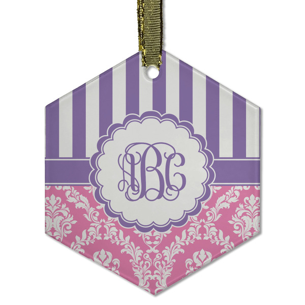 Custom Pink & Purple Damask Flat Glass Ornament - Hexagon w/ Monogram