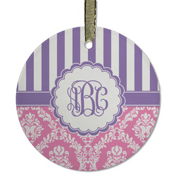 Pink & Purple Damask Flat Glass Ornament - Round w/ Monogram