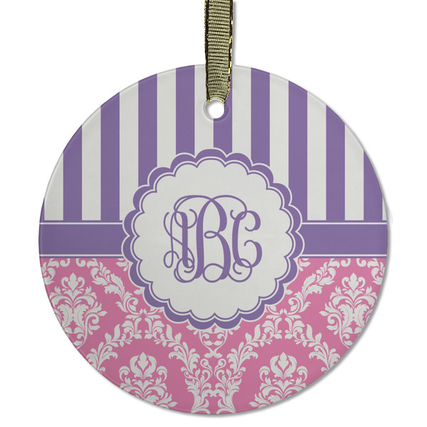 Custom Pink & Purple Damask Flat Glass Ornament - Round w/ Monogram