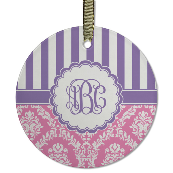 Custom Pink & Purple Damask Flat Glass Ornament - Round w/ Monogram