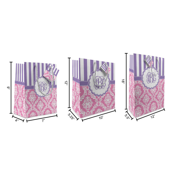 Pink & Purple Damask Gift Bags - All Sizes - Dimensions