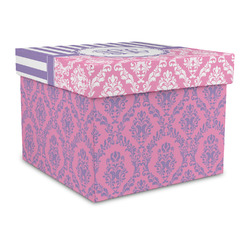 Pink & Purple Damask Gift Box with Lid - Canvas Wrapped - Large (Personalized)