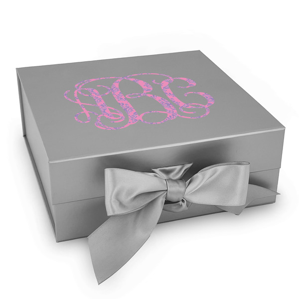 Custom Pink & Purple Damask Gift Box with Magnetic Lid - Silver (Personalized)