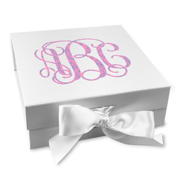 Pink & Purple Damask Gift Box with Magnetic Lid - White (Personalized)