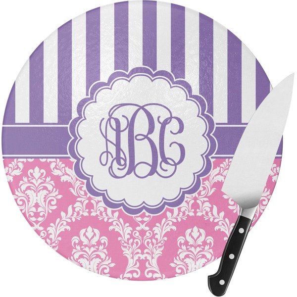 Custom Pink & Purple Damask Round Glass Cutting Board - Medium (Personalized)