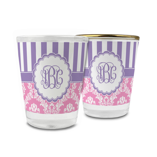 Custom Pink & Purple Damask Glass Shot Glass - 1.5 oz (Personalized)