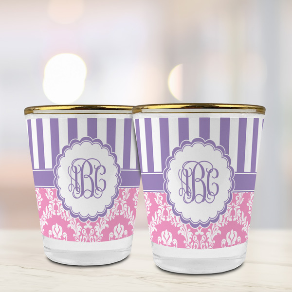 Pink & Purple Damask Glass Shot Glass - with gold rim - LIFESTYLE