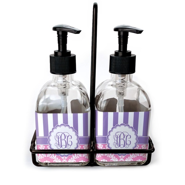 Custom Pink & Purple Damask Glass Soap & Lotion Bottles (Personalized)