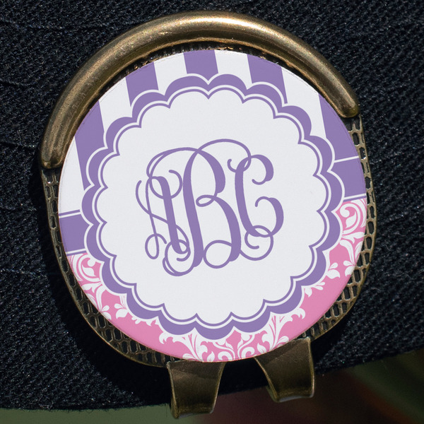 Pink & Purple Damask Golf Ball Marker Hat Clip - Gold - Close Up