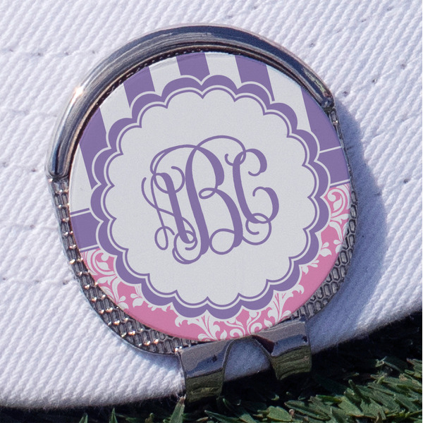 Pink & Purple Damask Golf Ball Marker Hat Clip - Silver - Front