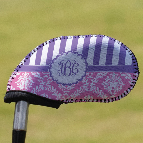 Custom Pink & Purple Damask Golf Club Iron Cover (Personalized)