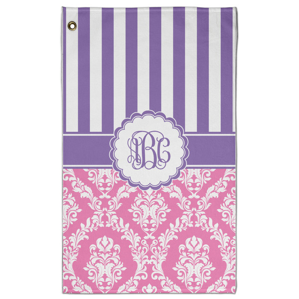 Custom Pink & Purple Damask Golf Towel - Poly-Cotton Blend w/ Monograms