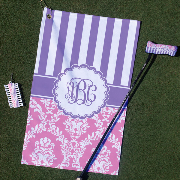 Custom Pink & Purple Damask Golf Towel Gift Set (Personalized)