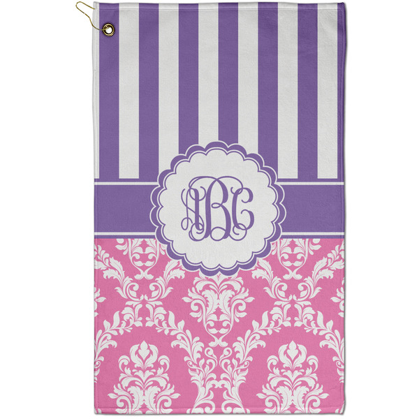 Custom Pink & Purple Damask Golf Towel - Poly-Cotton Blend - Small w/ Monograms