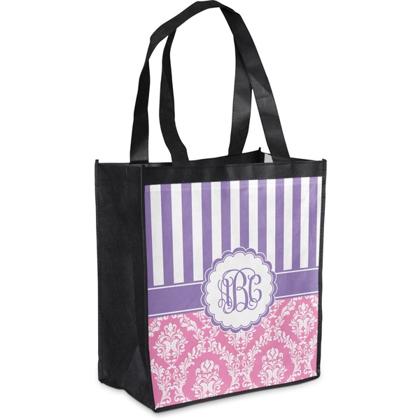 Custom Pink & Purple Damask Grocery Bag (Personalized)