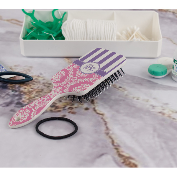 Pink & Purple Damask Hair Brush - In Bathroom