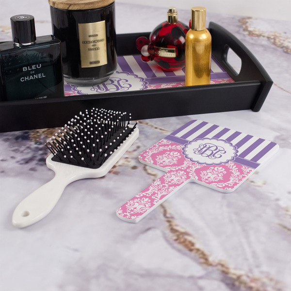 Pink & Purple Damask Hand Mirror - With Hair Brush