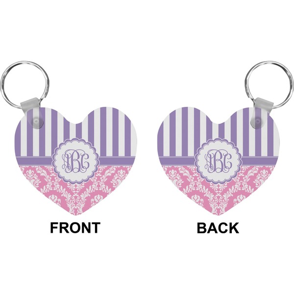 Pink & Purple Damask Heart Keychain (Front + Back)