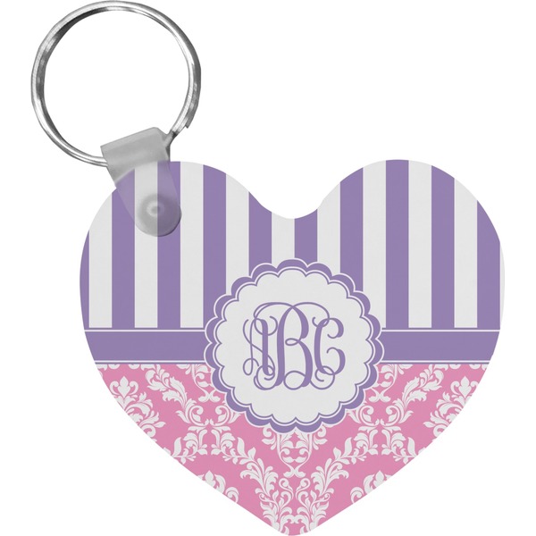 Custom Pink & Purple Damask Heart Plastic Keychain w/ Monogram