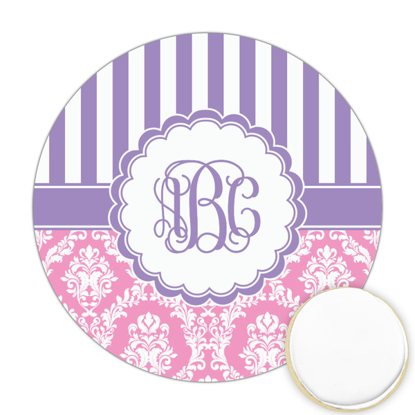 Custom Pink & Purple Damask Printed Cookie Topper - Round (Personalized)