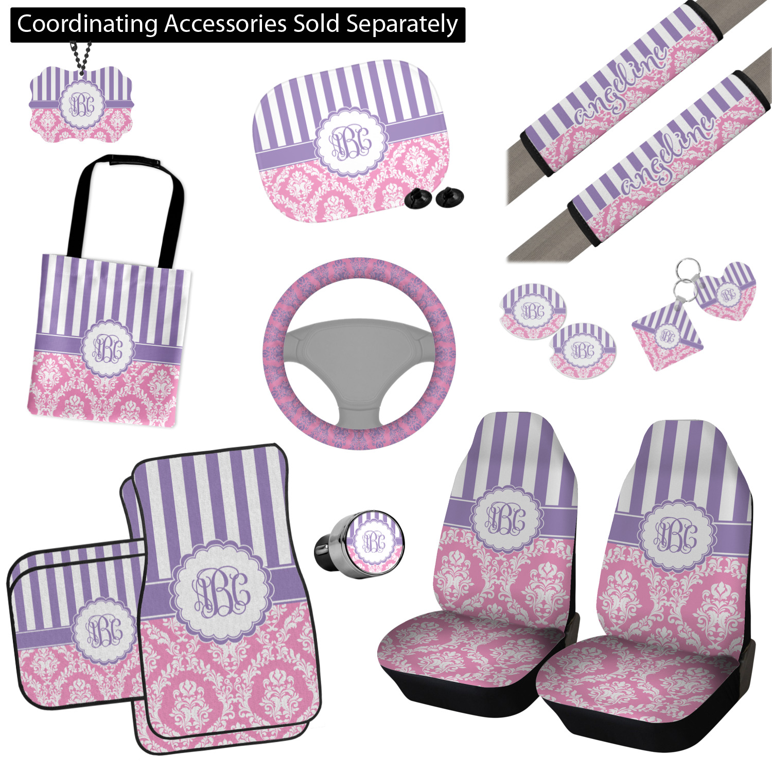 Pink Purple Damask Car Seat Covers Set Of Two Personalized