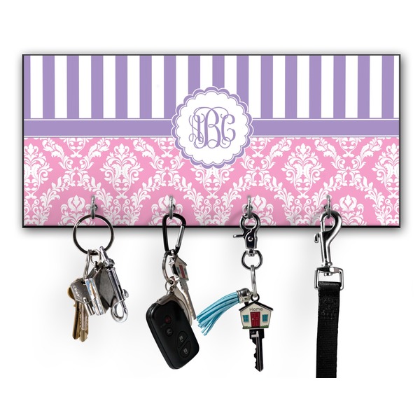 Custom Pink & Purple Damask Key Hanger w/ 4 Hooks w/ Monogram