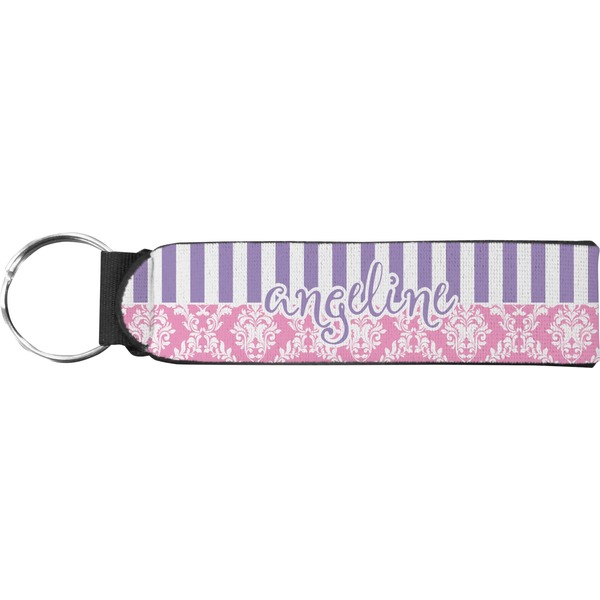 Custom Pink & Purple Damask Neoprene Keychain Fob (Personalized)