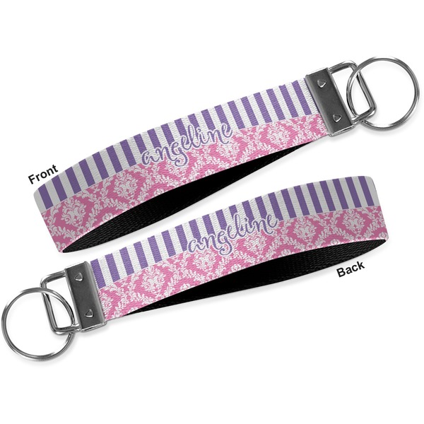 Pink & Purple Damask Key-chain - Metal and Nylon - Front and Back
