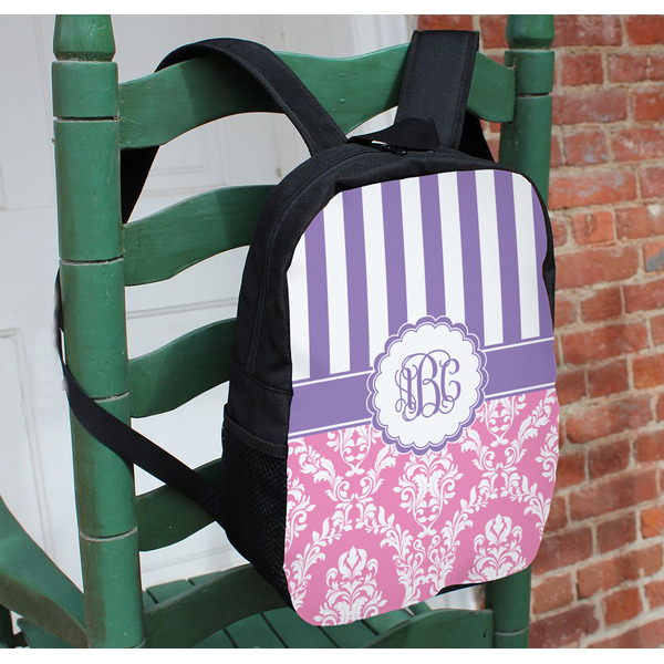 Pink & Purple Damask Kids Backpack - In Context
