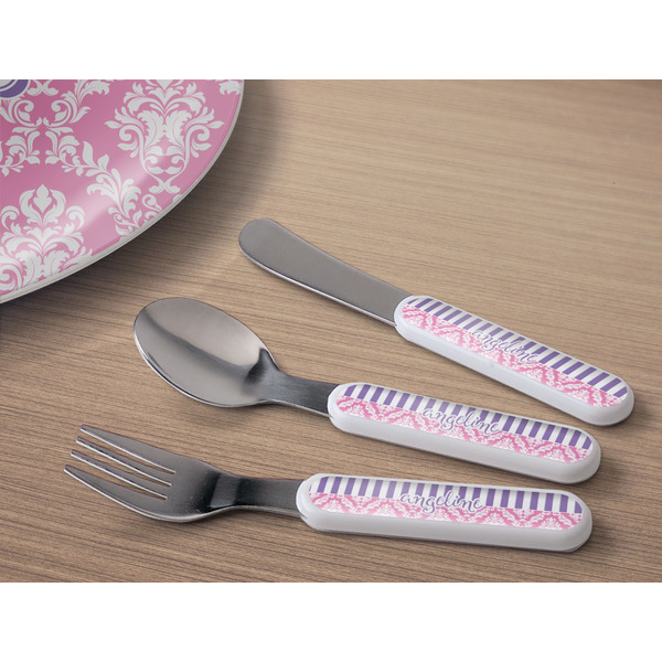 Pink & Purple Damask Kids Flatware w/ Plate