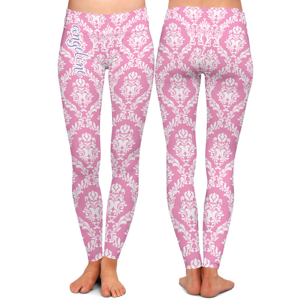Pink & Purple Damask Ladies Leggings - Front and Back