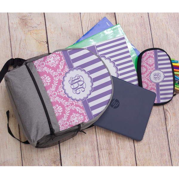 Pink & Purple Damask Large Backpack - Gray - With Stuff