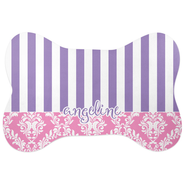 Custom Pink & Purple Damask Bone Shaped Dog Food Mat (Personalized)
