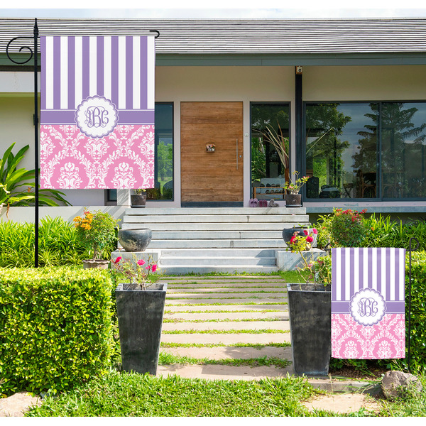 Custom Pink & Purple Damask Large Garden Flag - Single Sided (Personalized)