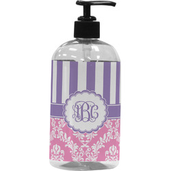 Pink & Purple Damask Plastic Soap / Lotion Dispenser (16 oz - Large - Black) (Personalized)