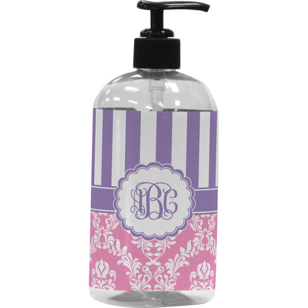 Custom Pink & Purple Damask Plastic Soap / Lotion Dispenser (Personalized)