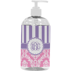 Pink & Purple Damask Plastic Soap / Lotion Dispenser (16 oz - Large - White) (Personalized)