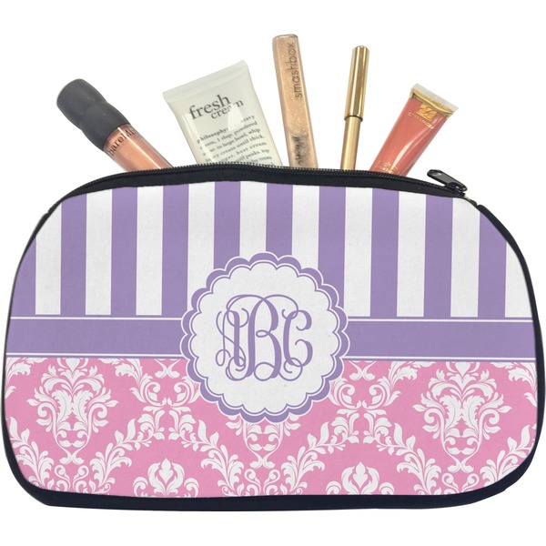 Custom Pink & Purple Damask Makeup / Cosmetic Bag - Medium (Personalized)