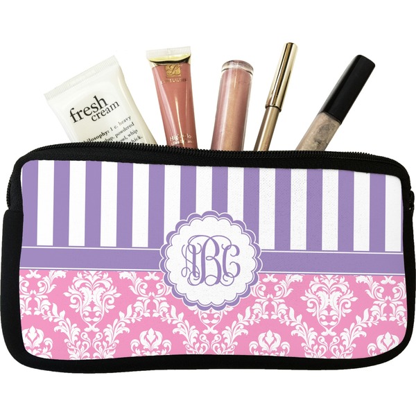 Custom Pink & Purple Damask Makeup / Cosmetic Bag (Personalized)