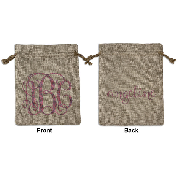 Custom Pink & Purple Damask Medium Burlap Gift Bag - Front & Back (Personalized)
