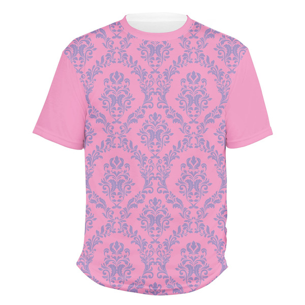 Custom Pink & Purple Damask Men's Crew T-Shirt - 3X Large