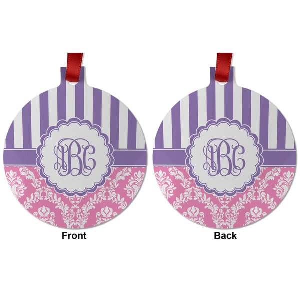 Pink & Purple Damask Metal Ball Ornament - Front and Back