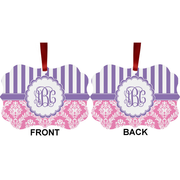 Pink & Purple Damask Metal Benilux Ornament - Front and Back (APPROVAL)