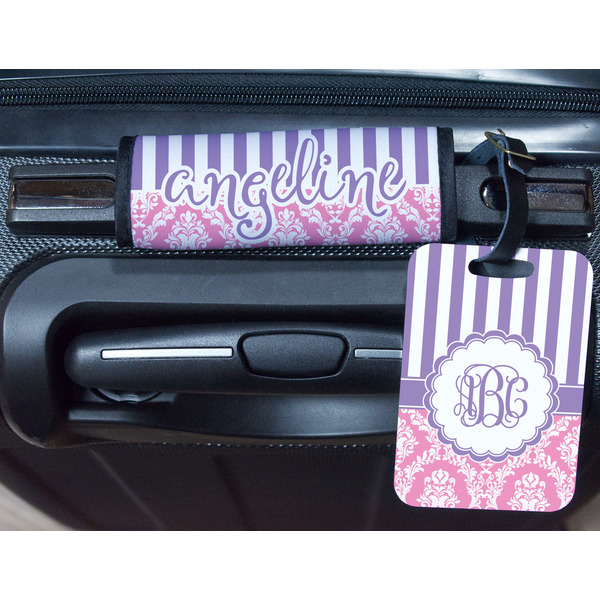 Pink & Purple Damask Metal Luggage Tag & Handle Wrap - In Context