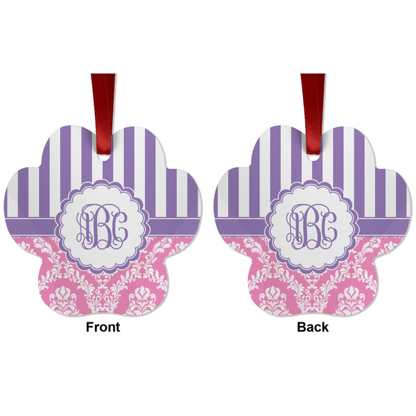 Pink & Purple Damask Metal Paw Ornament - Front and Back