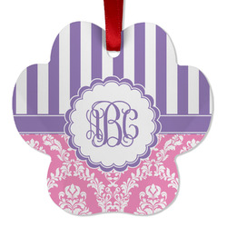 Pink & Purple Damask Metal Paw Ornament - Double Sided w/ Monogram