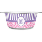 Pink & Purple Damask Stainless Steel Dog Bowl (Personalized)