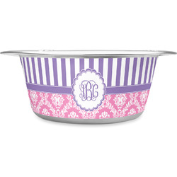 Pink & Purple Damask Stainless Steel Dog Bowl (Personalized)