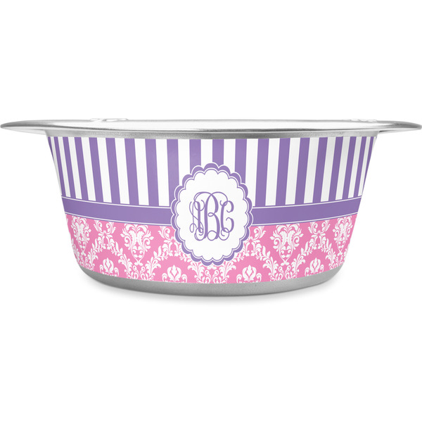 Custom Pink & Purple Damask Stainless Steel Dog Bowl - Large (Personalized)