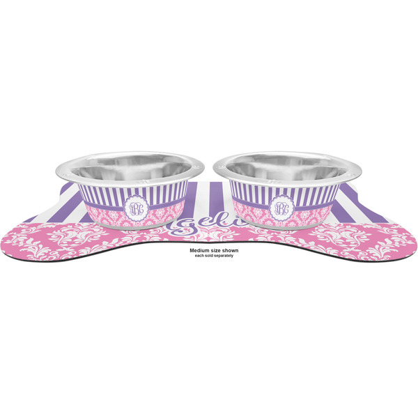 Pink & Purple Damask Metal Pet Bowls - On Dog Bone Shaped Mat